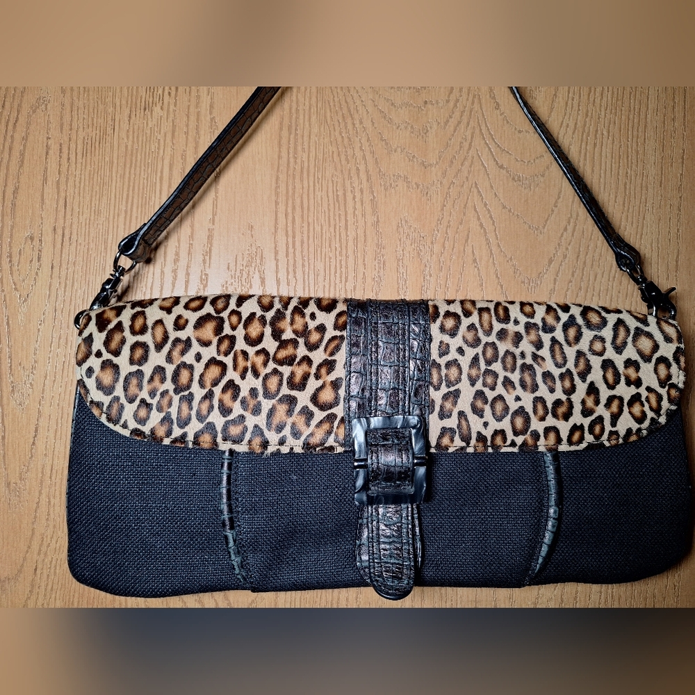 Donald J. Pliner Black Shoulder Bag with Leopard Print Flap - Picture 3 of 12